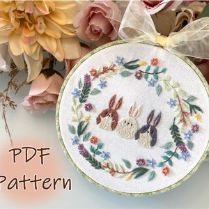 PDF Embroidery Pattern "Botanical Bunnies"/ 6 inch Embroidery design/ Easter bunny/ Beginner/ wall décor/ Kawaii rabbit design/ DIY Craft