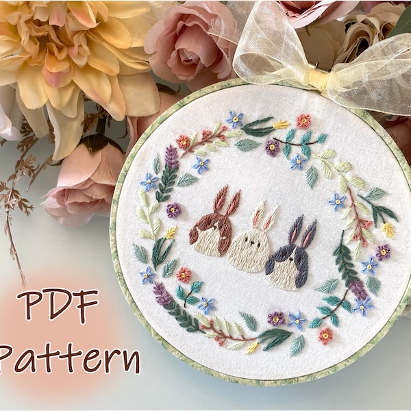 PDF Embroidery Pattern "Botanical Bunnies"/ 6 inch Embroidery design/ Easter bunny/ Beginner/ wall décor/ Kawaii rabbit design/ DIY Craft