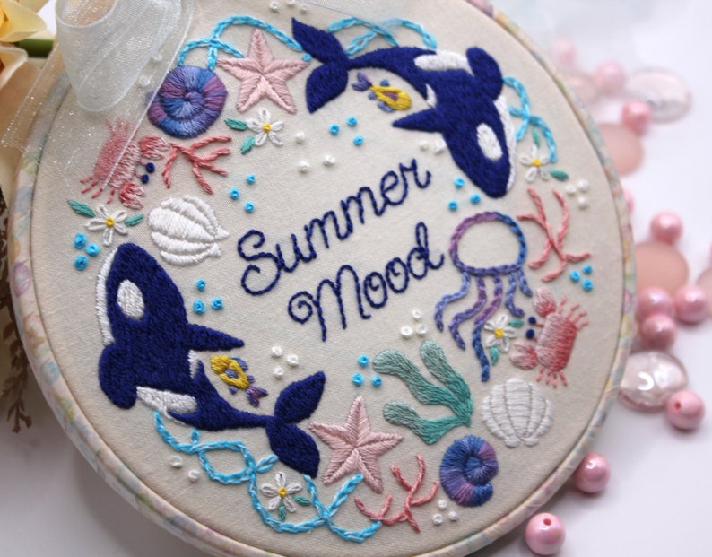 Embroidery Kit/ Summer Orca Design/ cute killer whale embroidery/ Hand Embroidery/ summer sea design/ easy DIY for beginner/ 6 inch image 4