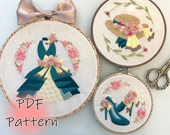 SET of 3 PDF Embroidery Pattern Green Floral Dress/ Instant download pattern/ easy DIY embroidery/ beginner/ floral embroidery/ flower/