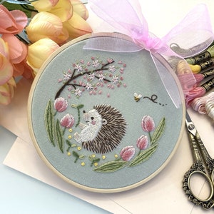 DIY Embroidery Kit for 5" hoop/ Spring hedgehog/ hand embroidery design/ tulip cherry blossom/ easy instructions/ beginner kit/