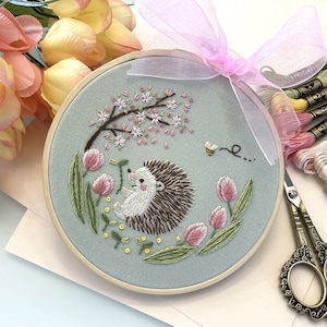 DIY Embroidery Kit for 5" hoop/ Spring hedgehog/ hand embroidery design/ tulip cherry blossom/ easy instructions/ beginner kit/