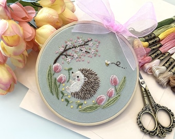 DIY Embroidery Kit for 5&quot; hoop/ Spring hedgehog/ hand embroidery design/ tulip cherry blossom/ easy instructions/ beginner kit/