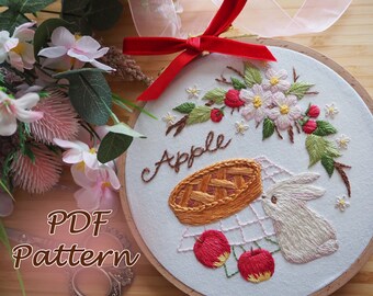 Embroidery Pattern PDF for 6 inch/ Apple Pie & Bunny/ instant download design/ cute rabbit embroidery for beginner/ DIY Hand Embroidery/