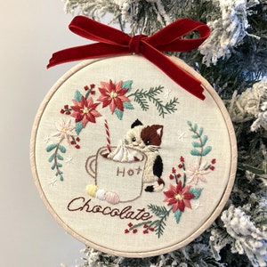 DIY Embroidery Kit Tea Time & Cat for 5 inch hoop / Cute kitty / cats and flowers / easy instruction for beginner / embroidery set / design