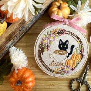 DIY Embroidery Kit Tea Time & Cat for 5 inch / Cute kitty/ Halloween design/ easy instruction for beginner /embroidery set / black cat image 2