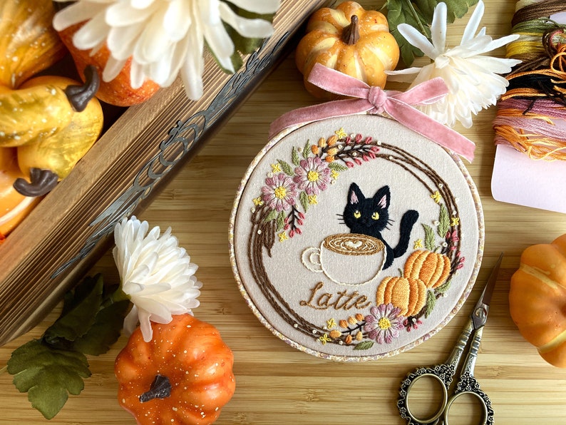 DIY Embroidery Kit Tea Time & Cat for 5 inch / Cute kitty/ Halloween design/ easy instruction for beginner /embroidery set / black cat image 2