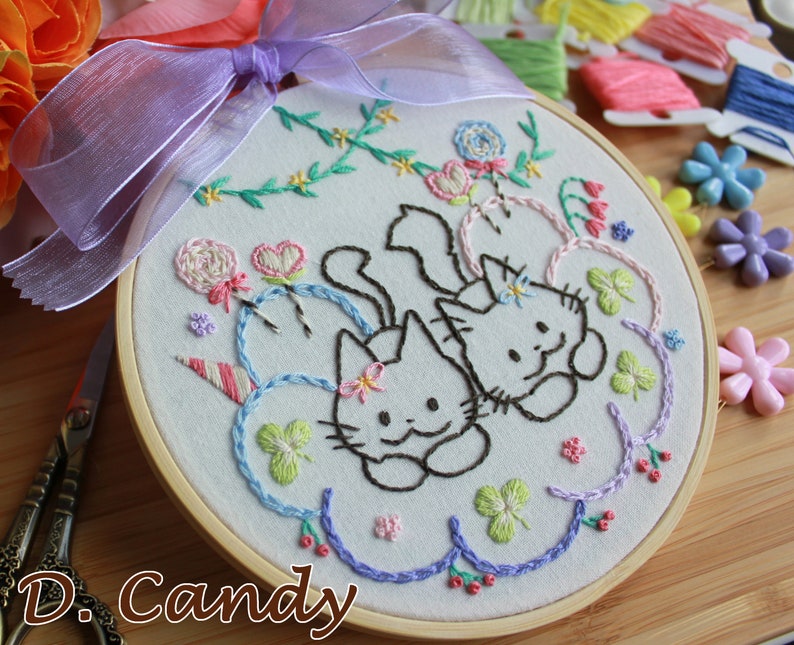 DIY Embroidery Kit Sweets & Cats handmade craft kit / Cute Kitty Embroidery Set/ Embroidery for beginner/ craft/ cupcake doughnuts macaron image 5
