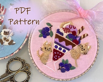 DIY Embroidery Pattern [PDF] Blueberry Parfait & Cats/ 5 inch hoop/ Cute cat embroidery/ instant downloads/ Beginner/ embroidery design