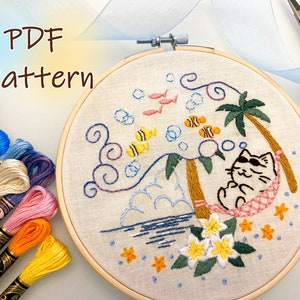 PDF Embroidery Pattern "Summer Beach & Cat"/ 6 inch embroidery hoop/ DIY Instant Download/ Cute Kitty Design/ Easy embroidery for beginner