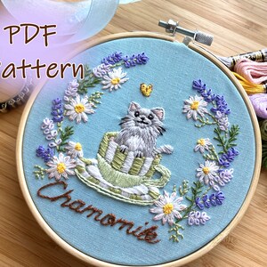 Tea Time Cat Embroidery Pattern: Chamomile Floral Design (PDF)