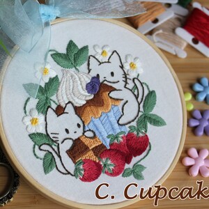 DIY Embroidery Kit Sweets & Cats handmade craft kit / Cute Kitty Embroidery Set/ Embroidery for beginner/ craft/ cupcake doughnuts macaron image 4