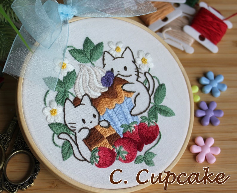 DIY Embroidery Kit Sweets & Cats handmade craft kit / Cute Kitty Embroidery Set/ Embroidery for beginner/ craft/ cupcake doughnuts macaron image 4