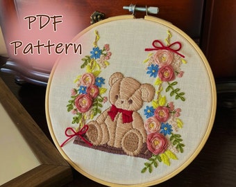 Swing & Plushies Embroidery Pattern (Bear) PDF/ embroidery design for 6 inch/ Cute Cat and Rose/ Easy Beginner/DMC code/ Instant download