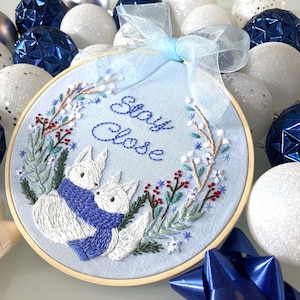 DIY embroidery kit Winter Fox 6 inch/ cute fox hand embroidery/ easy beginner/ white Christmas décor/ hand made kit/ arctic foxes design