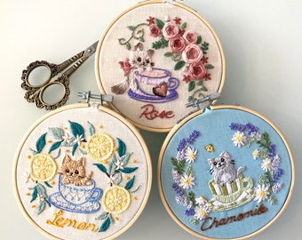 DIY embroidery kit/ Tea Time & Cats/ 5 inch hand embroidery set/ English instructions/ Cute Kitty/ cat and floral design/