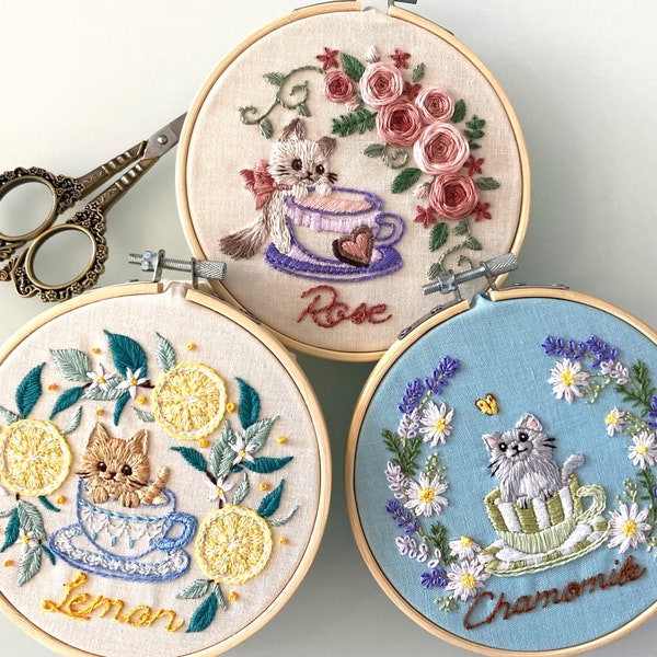 DIY embroidery kit/ Tea Time & Cats/ 5 inch hand embroidery set/ English instructions/ Cute Kitty/ cat and floral design/