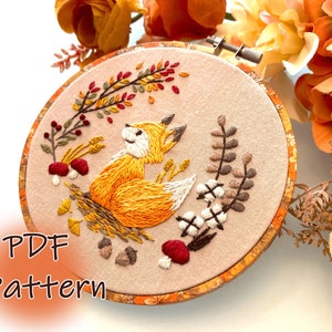 PDF embroidery pattern/ fall fax/ Autumn design/ hand embroidery 5 inch/ cute fox/ DIY instant download/ beginner easy instruction/ kawaii