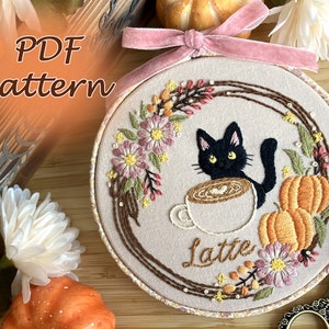 PDF Tea Time & Cat Embroidery Pattern (Pumpkin Spice Latte)/ embroidery design 5 inch/ Cute Cat/ Easy Beginner/ Halloween/ Instant download