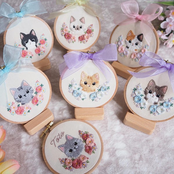 DIY Katzen Portrait Stickdatei Kit: Handstickerei, Kitty Blumenmuster (4 inch Hoop)