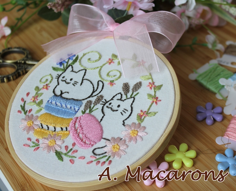DIY Embroidery Kit Sweets & Cats handmade craft kit / Cute Kitty Embroidery Set/ Embroidery for beginner/ craft/ cupcake doughnuts macaron image 2