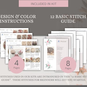 Puede incluir: Un conjunto de instrucciones de bordado imprimibles para principiantes. El conjunto incluye 4 p&aacute;ginas de instrucciones de dise&ntilde;o y color y 8 p&aacute;ginas de gu&iacute;a de puntadas b&aacute;sicas. El texto dice "INCLUIDO EN EL KIT", "INSTRUCCIONES DE DISE&Ntilde;O Y COLOR", "GU&Iacute;A DE 12 PUNTOS B&Aacute;SICOS", "4 P&aacute;ginas", "8 P&aacute;ginas", "TODOS LOS PUNTOS UTILIZADOS EN NUESTROS KITS SE INTRODUCEN EN ESTA "GU&Iacute;A DE 12 PUNTOS B&Aacute;SICOS". ESTOS PUNTOS PARA PRINCIPIANTES TE AYUDAR&Aacute;N A EMPEZAR."