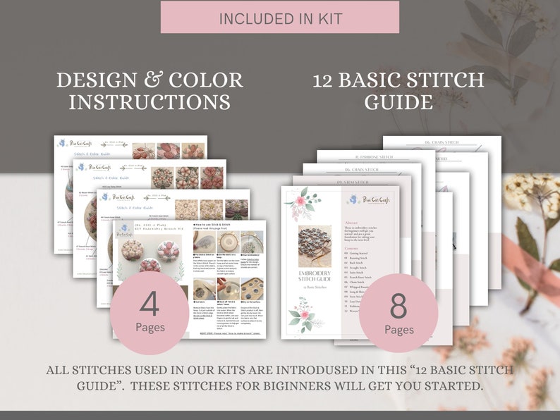 Puede incluir: Un conjunto de instrucciones de bordado imprimibles para principiantes. El conjunto incluye 4 p&aacute;ginas de instrucciones de dise&ntilde;o y color y 8 p&aacute;ginas de gu&iacute;a de puntadas b&aacute;sicas. El texto dice "INCLUIDO EN EL KIT", "INSTRUCCIONES DE DISE&Ntilde;O Y COLOR", "GU&Iacute;A DE 12 PUNTOS B&Aacute;SICOS", "4 P&aacute;ginas", "8 P&aacute;ginas", "TODOS LOS PUNTOS UTILIZADOS EN NUESTROS KITS SE INTRODUCEN EN ESTA "GU&Iacute;A DE 12 PUNTOS B&Aacute;SICOS". ESTOS PUNTOS PARA PRINCIPIANTES TE AYUDAR&Aacute;N A EMPEZAR."