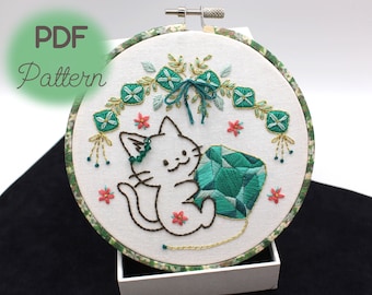 Embroidery Pattern PDF for 5 inch/ Gem & Cat (Emerald)/ instant download design/ cute kitty embroidery for beginner/ DIY Hand Embroidery/