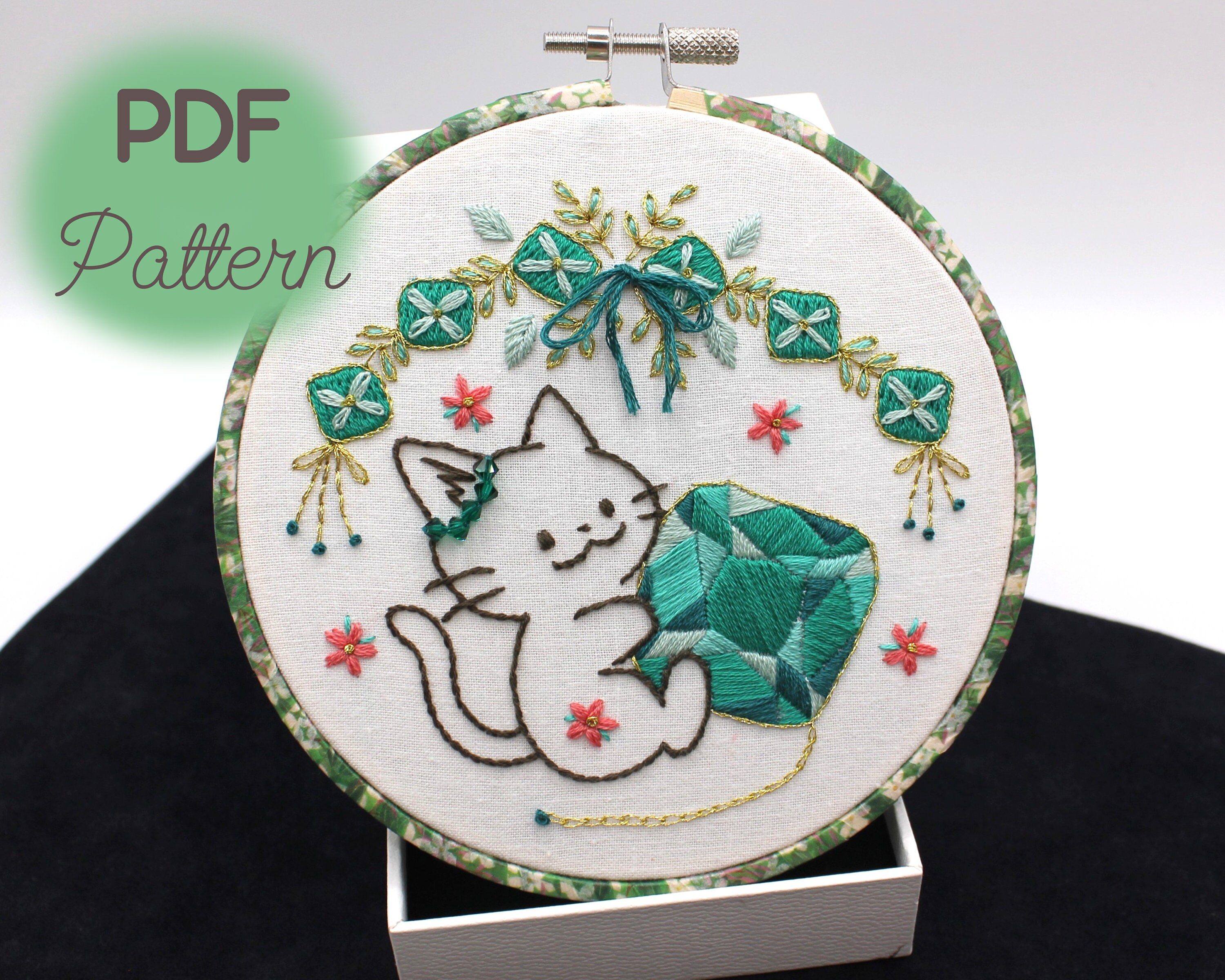 Embroidery Pattern PDF for 5 Inch/ Gem & Cat (emerald