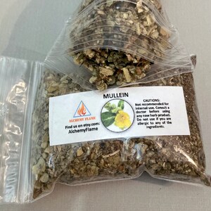 May include: A clear plastic bag filled with dried mullein herb. The bag has a label with the text "Alchemy Flame" and "Mullein" printed on it. The label also includes a small image of a yellow flower and a warning about the herb's use.