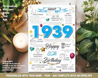 1939 85th Happy Birthday Personalised Memories / Birth Year Facts Greeting Card son daughter him her mum dad Na grandad Nanny 146