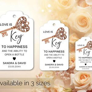 Cadeau-idee voor bruiloftsgast: Love is the Key to Happiness Tag. Sleutel tot geluk-tags. Flesopenertag tags voor bruid en bruidegom 179