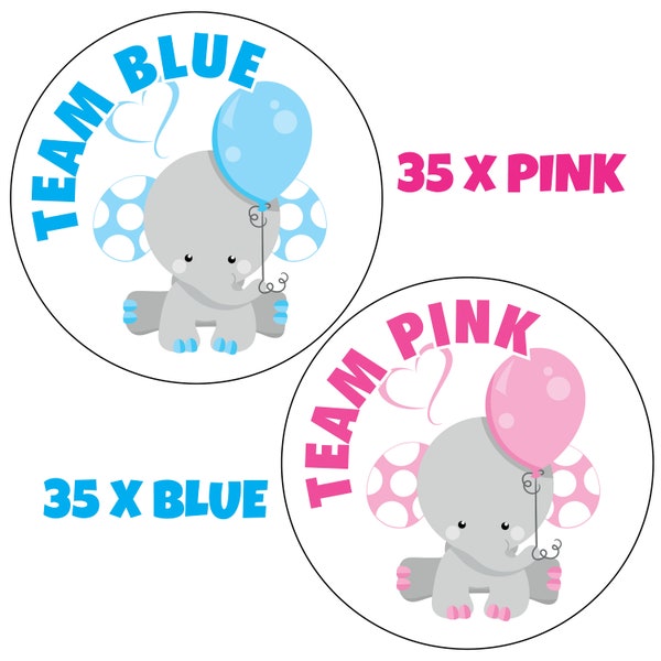 Gender reveal baby shower, 35x Team Girl 35x Team Boy Stickers (70 stickers in total) Pregnant Wife Baby Elephant pink and blue  1057