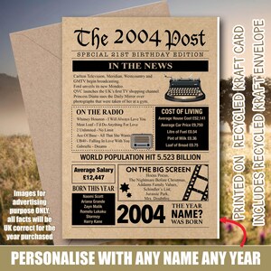 21e carte d'anniversaire personnalisée recyclée 2004 Year Memories Royaume-Uni Faits Carte de voeux Maman Papa Lui Son fils Fille Ami News 156