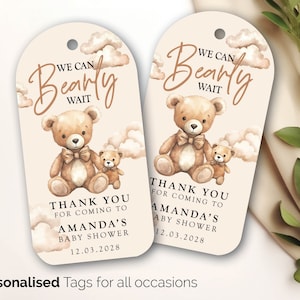 18 x Étiquettes personnalisées We Can Bearly Wait pour baby shower