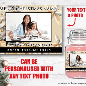 Etiqueta de regalo para vela con foto personalizada / Etiqueta a medida / Edición navideña, gran etiqueta para frasco de amigo secreto, cera de soja inspirada en Yankee 224