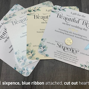 Lembrança de Casamento - Moeda de sapato de noiva "Something Old, New" de seis pence para o dia do casamento. Fita azul autêntica de seis pence de prata e poema. Presente perfeito. 17