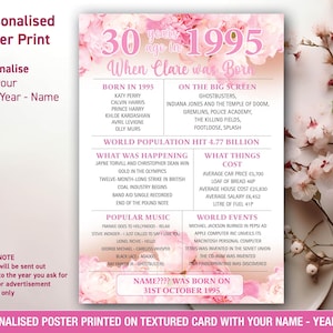 30e anniversaire personnalisé cadeau idée cadeau affiche impression fleurs roses l'année de votre naissance Royaume-Uni A4 ou A3 038