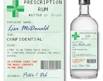Various Novelty Prescription RUM BACARDI OUZO Alcohol bottle label Sticker - Christmas gift - Secret Santa - Birthday - Wedding -Novelty 137
