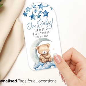 20 x Etiquetas de presente personalizadas para chá de bebê Oh Baby, Boho Bear, Neutro, Urso de pelúcia, Azul, presente de revelação de gênero, Etiquetas de presente personalizadas para futura mamãe, Azul 212