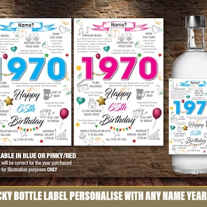 1970 55° Etichetta per bottiglia personalizzata Buon compleanno Anno di nascita Fatti per vino Gin Vodka Rum Bacardi Whiskey Giornale rosa o blu - 151