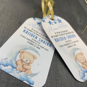 18 etiquetas de regalo personalizadas para celebrar la llegada del baby shower, oso bohemio, oso de peluche neutro azul con amor y etiquetas de regalo personalizadas de Dua 230