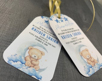 18 Personalised Celebrating the arrival Baby Shower gift Tags Boho Bear Neutral Teddy Bear Blue With Love and Dua’s Gift tags custom 230