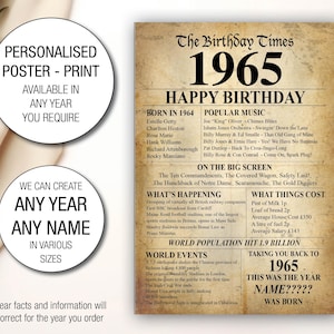 60.1965 UK Geburtstag Personalisierte Geschenk Geschenkidee Poster Druck Zurück In Edition Meilenstein Zeitungsstil Das Jahr, in dem du UK 036 Geboren wurdest