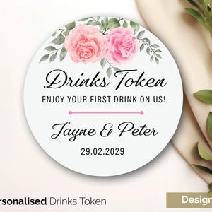 Personalisierte Hochzeit Pink Rose Getränke Token Gunst, benutzerdefinierte Hochzeitsbevorzugungs Token - Hochzeitsbar Token Kostenloser Getränke Token auf der GLOSS Karte 237