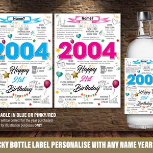 2004 21° Etichetta personalizzata per bottiglia Buon compleanno Anno di nascita Fatti per Vino Gin Vodka Rum Bacardi Whiskey Rosa o Blu Figlio Figlia 151