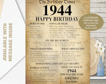 1944 80. UK Alles Gute zum Geburtstag personalisierte Erinnerungen / Geburtsjahr Fakten GRUSSKARTE Alter Jahre gegangen Durch Zeitung im Alter von Vintage-Effekt - 140