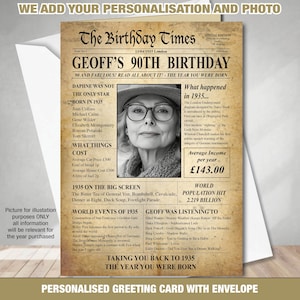 Tarjeta de felicitación de cumpleaños con foto personalizada del 90.º aniversario de 1935 Datos Noticias Regalos Recuerdos / Datos del año de nacimiento Papá Mamá Nan Abuelo Amigo 151