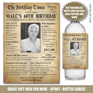 1965 60° anniversario Etichetta per bottiglia personalizzata con foto del Regno Unito Buon compleanno Notizie Anno di nascita Fatti per vino Gin Vodka Rum Bacardi Whiskey 187