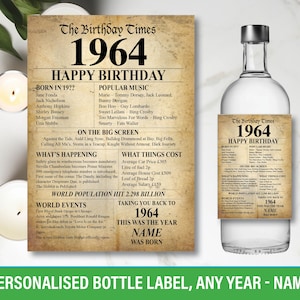 1964 60th Personalised bottle label birthday Year born Facts For Wine Gin Vodka Rum Bacardi Whiskey happy Birthday  149